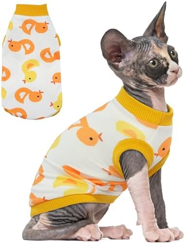 PUMYPOREITY Sphynx Cat Clothes, Stretchy Cat Sweater, Soft Hairless Cats Shirt, Pullover Cat Pajamas, Cat Turtleneck for Sphynx Cornish Rex, Devon Rex, Yellow, XS