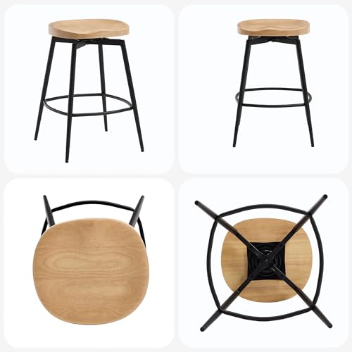 Image of 25'' Solid Wood Saddle Stools Set of 2, Swivel Counter Height Bar Stools Backless, Wooden Bar Stools with Metal Legs and Ergonomics Seat for Kitchen Island, Unstained Raw Wood