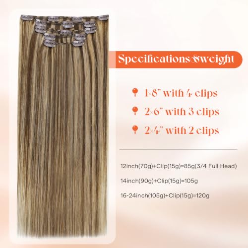 Image of Sunny Hair Clip in Hair Extensions Real Human Hair Brown Highlight 12 Inch | Short Hair Extensions Clip Ins Caramel Blonde Mix, Soft Layers and Blended Ends with Natural Movement for Holiday Travel 85g