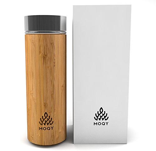 MOQY® Tea Tumbler - Bamboo Stainless Steel Thermos - Insulated Coffee Travel Mug With Lid - Tea Infuser Bottle For Loose Leaf Tea - 12oz