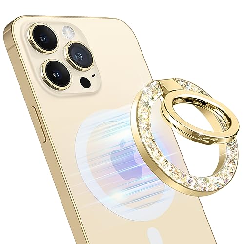 GVIEWIN Magnetic Phone Ring Holder, Compatible with MagSafe Phone Grip with Adjustable Stand, Magnet Phone Ring Kickstand for iPhone 15 Pro Max/Plus/14/13/12 Series/Other Smartphones (Glitter/Gold)