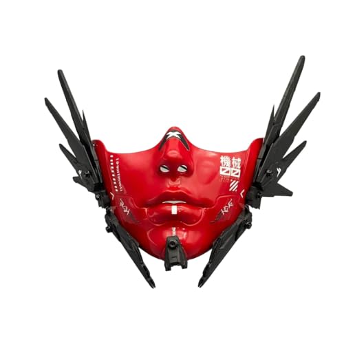 Punk Android Half-Face Mask, Futuristic Sleek Bionic Face Mask with Red Black Winged for Halloween, Cosplay & Parties