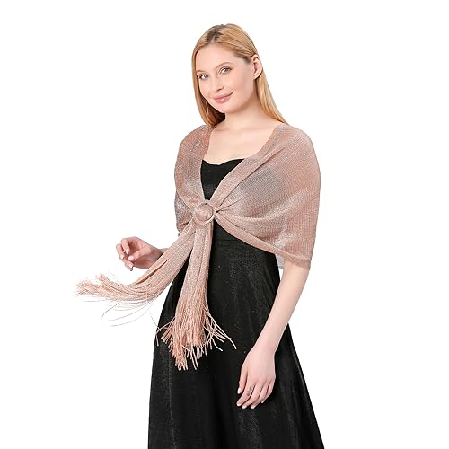 Image of Stoles for Evening Dress with Buckle, Fringes - Polyester Blend, Shimmer Stole Wraps for Weddings, Party | Women's Clothing