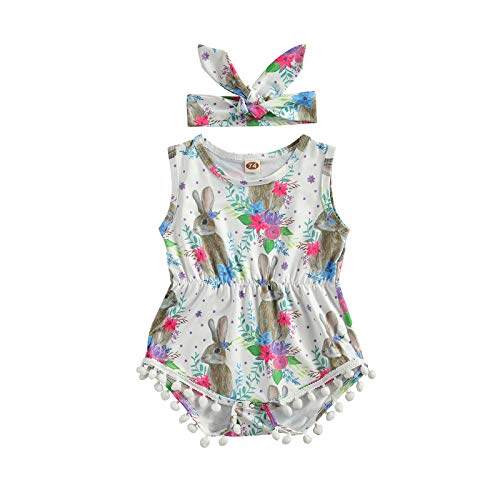 Newborn Infant Baby Girl Easter Romper Bunny Outfits with Headband 2 Piece Romper Set Summer One-Piece Bodysuit Casual Play-wear (Grey Bunny, 0-6 Months)
