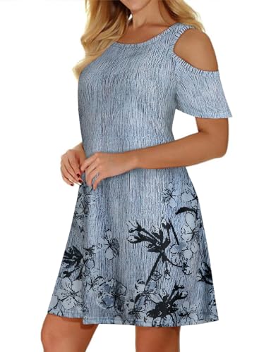 Image of Misyula Style Womens Summer Cold Shoulder Floral Flowy T-Shirt Dress with Pockets