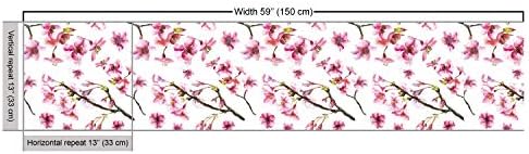 Ambesonne Cherry Blossom Fabric by The Yard, Watercolor Style Oriental Pattern with Sakura Branch, Decorative Fabric for Upholstery and Home Accents, 1 Yard, Green Pink — view 2