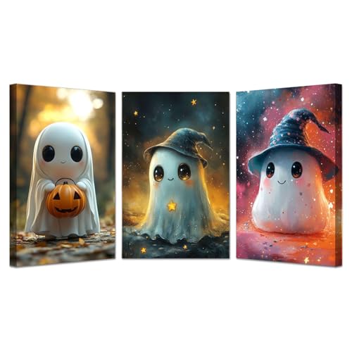 Tableau Toile Halloween fantôme mignon JOSUE - Impression intissée 3 pièces 50x70cm
