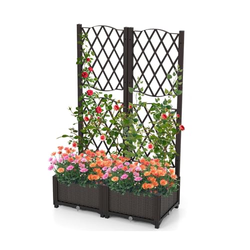LDAILY Moccha Raised Garden Bed with Trellis - Planter with Trellis, Self-Watering Device, Drainage Hole, Standing Garden Bed for Climbing Plant, Vegetable, Herb, Flower (32”L x 16”W x 53”H)