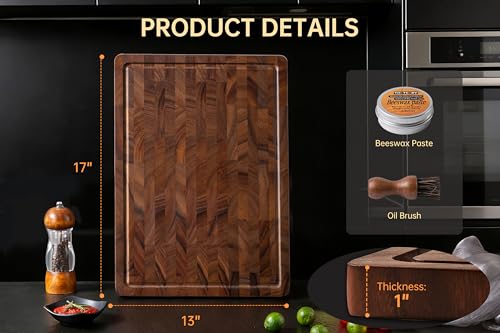 Image of Walnut Cutting Boards for Kitchen, End Grain Wood Cutting Board | 17 inchx13 inchx1 inch, Premium Walnut Wood, FSC Certified, Deep Juice Groove, Built-In Handles, Non-Slip Feet, Chopping Board, Gift Box