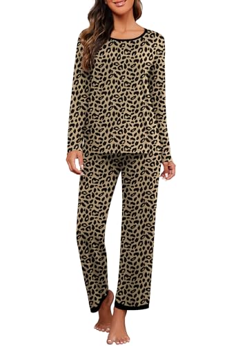 PrinStory 2025 Women's Pajama Set Long Sleeve Sleepwear Ladies Soft Pjs Lounge Set FP-Leopard Khaki-2XL