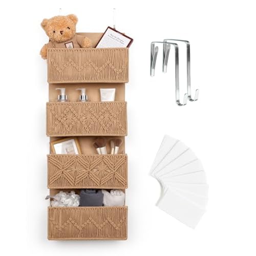 ANTIS'S HOME Over The Door Organizer Boho Bedroom Decor Nursery Storage with 3 Large Woven Pockets, Macrame Nursery Organizers and Toys Storage, Behind Door for Bathroom, Beige Back of Door