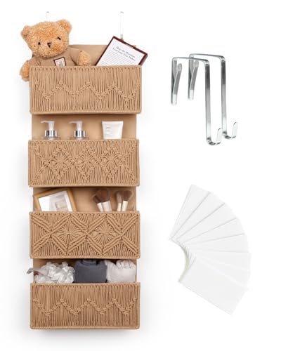 Image of ANTIS'S HOME Nursery Over The Door Organizer Boho Decor Nursery Storage with 4 Large Woven Pockets, Macrame Nursery Organizers and Toys Storage, Behind Door for Bathroom, Bedroom, Brown