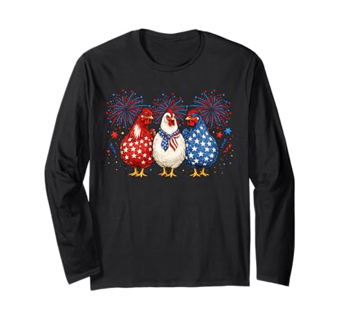 4th of July Patriotic Chicken Farmer Fireworks USA Women Men Long Sleeve T-Shirt