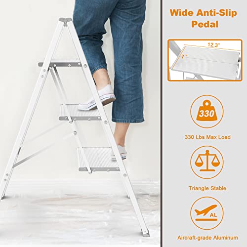 Asoopher 3 Step Ladder, Aluminum Folding Step Stool With Wide Anti-Slip Pedal, 330 Lbs Capacity, Lightweight & Portable Stepladder For Household And Office, White #TOP3