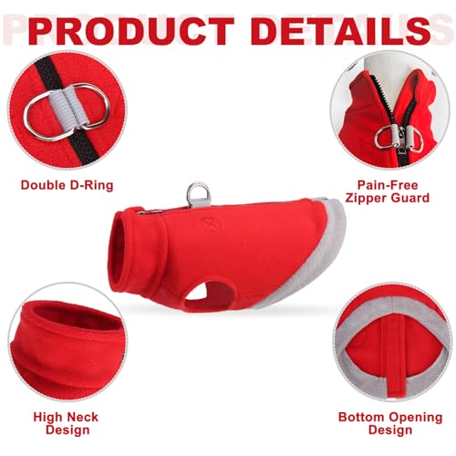Image of Mihachi Dog Fleece Vest Sweater Zip Up Warm Pullover Step-in Dog Jacket with Dual D-Ring Leash, Winter Cold Weather Reflective Coat Clothes Hoodie for Small Medium Dogs Puppy Cat Boy Girl, Red M
