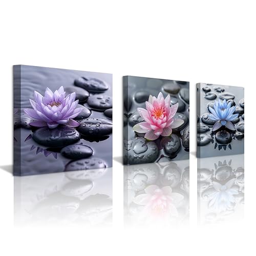 NAN Wind 3Pcs Pink Blue Purple Water Lily Black Zen Stones Framed Canvas Art Botanical Floral Print Modern Spa Art for Home Decor Ready to Hang Flower Wall Art for Living Room Bedroom Meditation Space