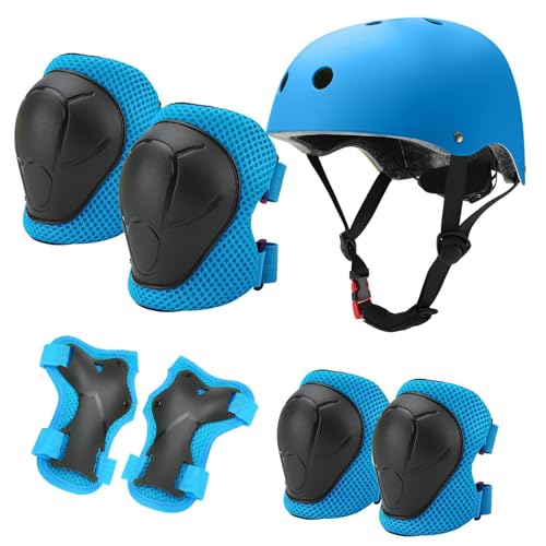 KATLKIU Ensemble de casque de protection pour enfants avec casque réglable, genouillères, coudières et protège-poignets pour le patinage, le vélo, le skateboard, la trottinette et d'autres sports de