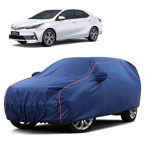 Image of Sulfar 100% Water Resistant Car Body Cover Compatible with Mirror for Toyota Corolla Altis (Triple Stitched, Full Bottom Elastic, Blue Taffeta with Red Piping)
