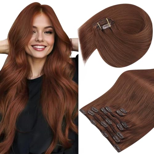 Sunny Hair Clip in Hair Extensions Real Human Hair Mahogany Auburn Brown