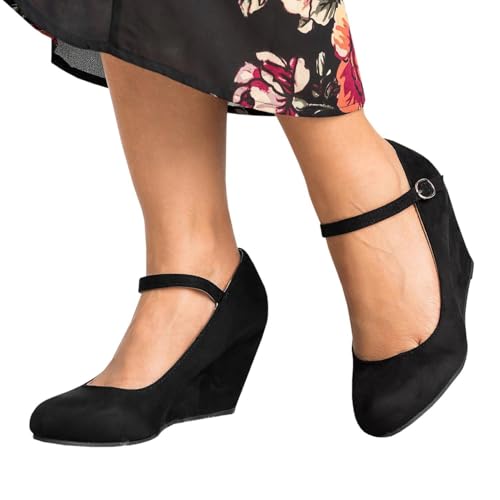 Coutgo Womens Wedge Pumps Dressy Mary Jane Shoes Comfort Wedges Closed Toe Ankle Strap Heeled Shoes4