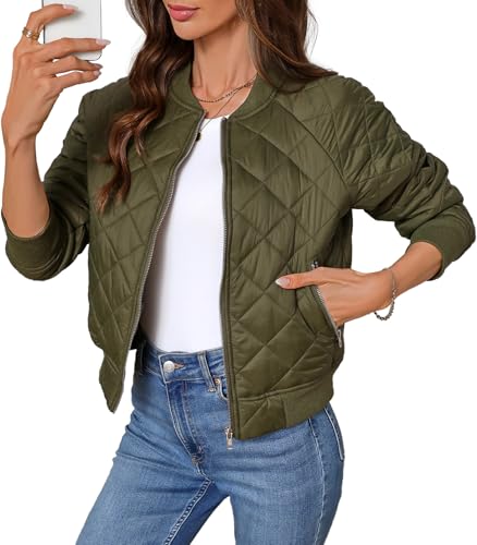 Women's Quilted Jackets Lightweight Zip up Bomber Jacket Long Sleeve Y2K Casual Jacket Coat with Pockets