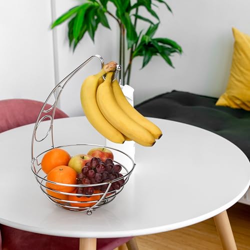 Miniatura 6 de Exzact Frutero Con Gancho Para Plátanos, Cesta De Frutas De Alambre, Estante Para Frutas De 41 Cm De Altura, Acabado En Cromo Plateado