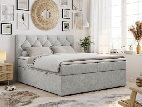 MKS MEBLE Boxspringbett 160x200 cm mit Matratze und Topper T25, Boxspringbett mit Bettkasten und Kopfteil - Alda - H3 Hellgrau Strukture
