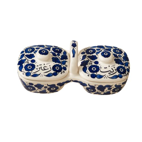 Palestinian Olive Oil & Za’atar Serving Dish – Handmade Ceramic Dipping Plate Set, Bread Dip Tray, Appetizer Platter, Mezze Serving Dish Blue Design