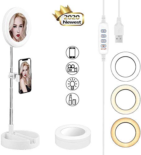 Brolight Anillo de luz con soporte y espejo de maquillaje, mesa plegable de 6.2 pulgadas, regulable, 3 modos de color y 10 brillo para transmisión en directo, grabación de vídeo, YouTube (blanco)