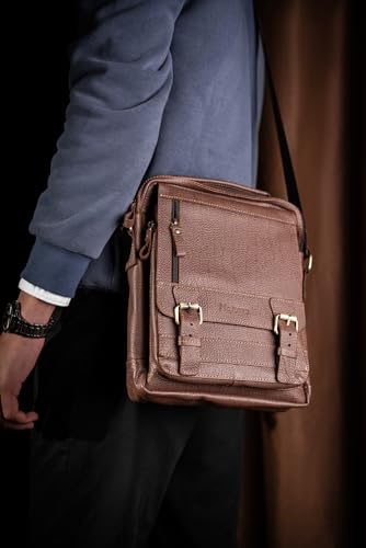 موتيفيا شنطة كروس كبيرة من الجلد الطبيعي للرجال، شنطة كروس للرجال من الجلد الطبيعي، شنطة كروس للرجال مع حزام كتف مقاس A4 L (بني كلاركس)