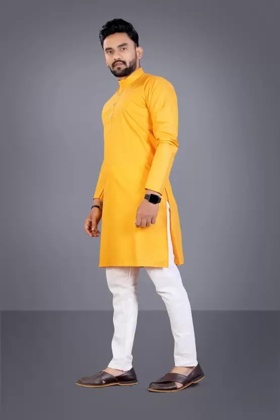 Image of weltpocket Men's Cotton Blend Solid Straight Kurta Pyjama