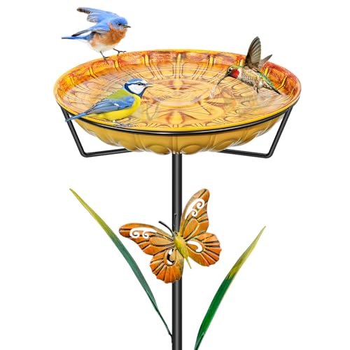 FaloStwer 35In Metal Bird Bath for Outdoors, Easy to Clean Birdbaths with Removable Bowl Stable Upgrades Stake, Freestanding Bird Baths Feeder Bowl for Outdoors Garden Patio Yard Lawn Decor (Yellow)