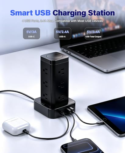 Tagzilo 16-in-1 Power Strip Tower with Surge Protector 1800J, 2USB-C & 2USB-A Ports with 12 AC Outlets, 10ft Extension Cord with Multiple outlets for Home Office Dorm Room, Black — view 3