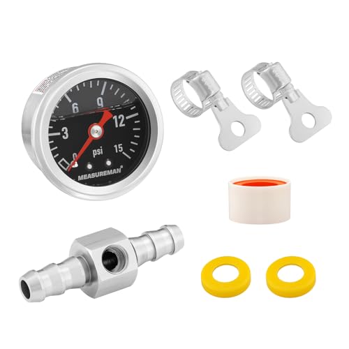 MEASUREMAN 0-15 Psi Glycerin Filled Fuel Pressure Gauge, 1.5” Dial, 304 Stainless Steel Case, 1/8” NPT Center Back Mount, with 3/8” Fuel Line Adapter, Copper Tube &amp; Fittings, Red Aluminum Pointer