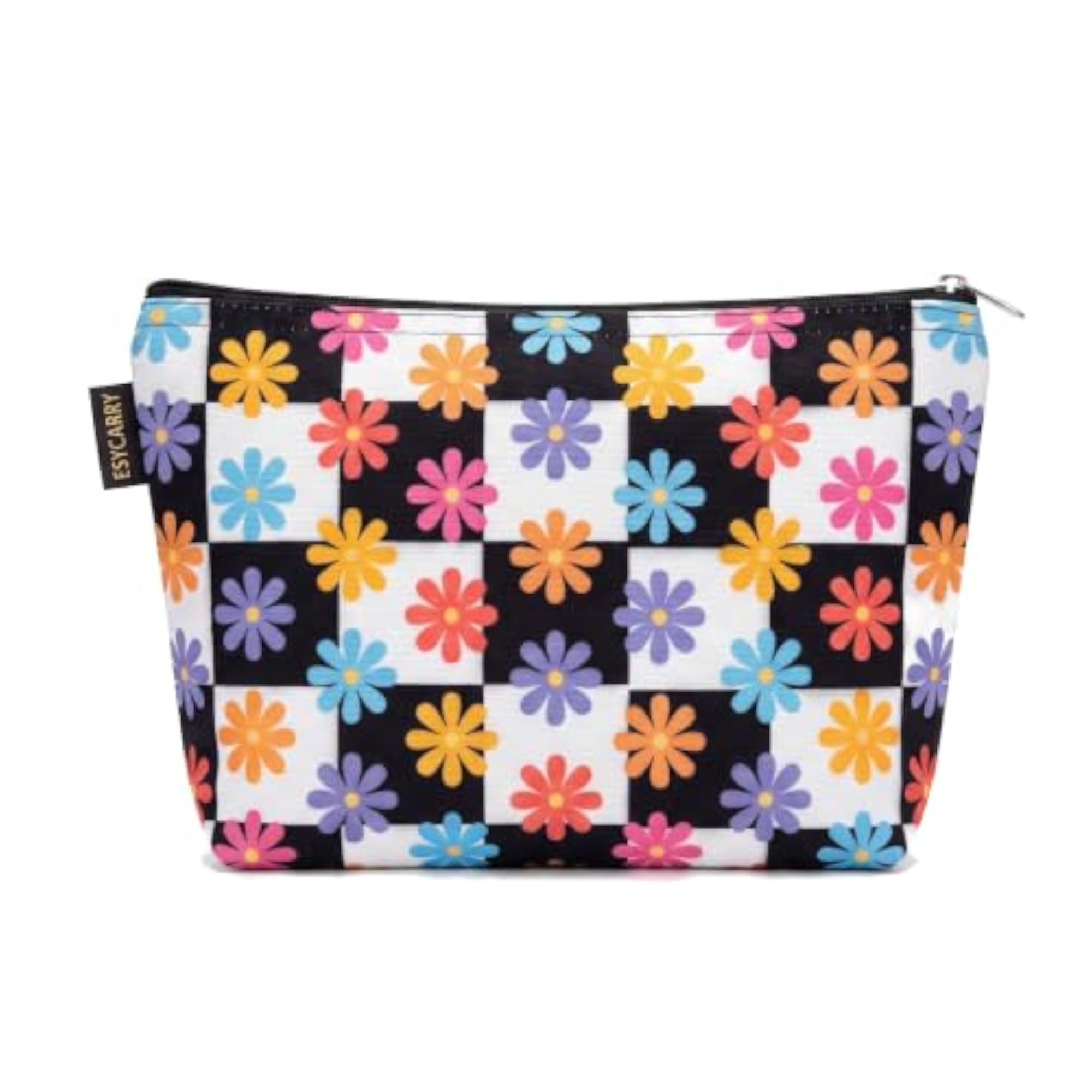 Black Retro Floral Checkerboard Canvas Makeup Pouch