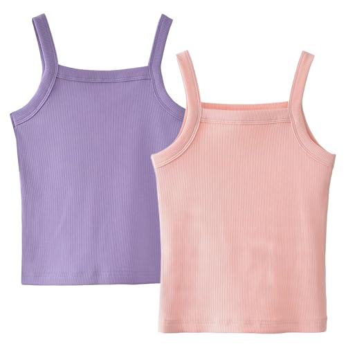 Image of Happy Cherry Girls Tank Tops Pack for 2 Toddler Spaghetti Strap Ribbed Knit Undershirts Kids Cotton Basic Camisole 3-14Y