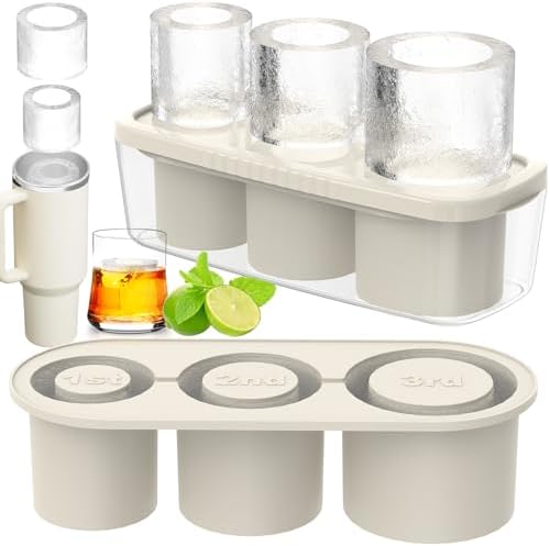 Ice Cube Tray for Tumbler Cup 30Oz-40Oz, 3 Pcs Silicone Cylinder Ice Mold with Lid and Bin for Freezer, Easy Fill and Release Ice Maker for Whiskey, Cocktail BPA-Free (White, 40Oz-Type1)