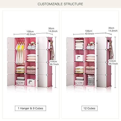 Yozo Cube Storage Organzier Portable Closet Wardrobe Bedroom Dresser (42X14X56 Inches) Portable Closet Cube Shelf Armoire Pantry Cabinet, 12 Cubes, Pink #TOP4
