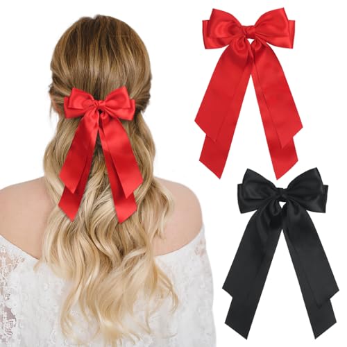 JCF Big Bow Hairs Clips 2 Pcs Hairs Bows with Soft Silky Satin Large Bowknot Long Tail Hairs Pins Solid Color French Hair Barrettes Hair Accessories for Girls and Women (Black&Red)