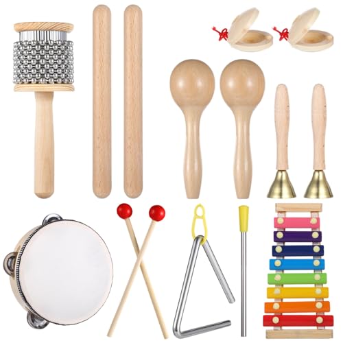 Musical Instruments Set, Wooden Hand Percussion Instruments, Including Xylophone, Tambourine, Cabasa, Triangle, Hand Bells, and More, Classic Educational Music Kit