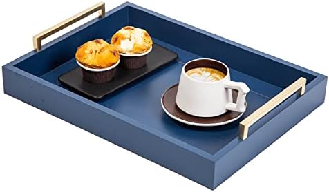Decorative Coffee Table Ottoman Trays Modern Wood Elegant 16"x12" Rectangle Glossy Shagreen Serving Trays with Champagne Gold Handles -Drinks, Liquor Serving Platter for All Occasion's(Blue)