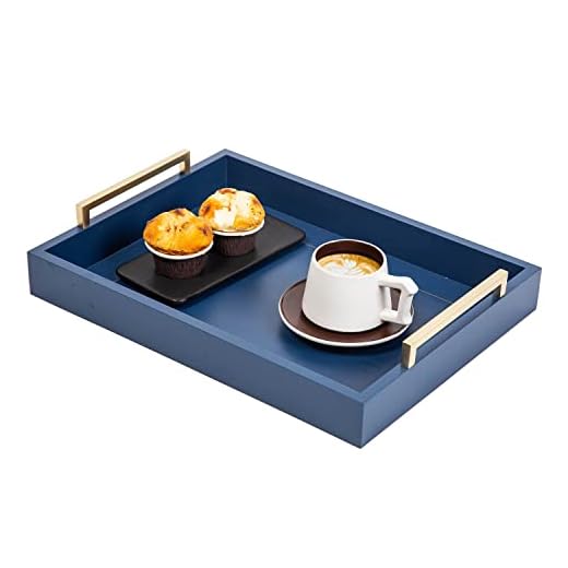 Decorative Coffee Table Ottoman Trays Modern Wood Elegant 16"x12" Rectangle Glossy Shagreen Serving Trays with Champagne Gold Handles -Drinks, Liquor Serving Platter for All Occasion's(Blue)