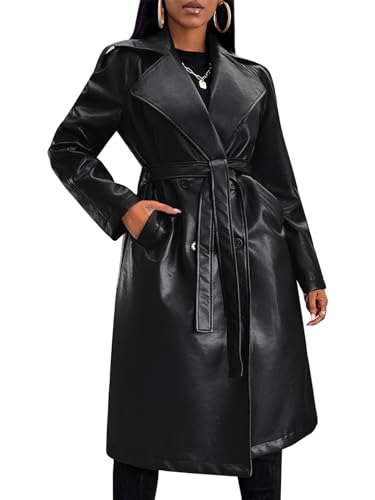 Gudasuo Leather Jacket Women Trench Coat Long Loose Button Lined Jacket Open Front Faux Motorcycle Coat with Belt(0024,B,L)
