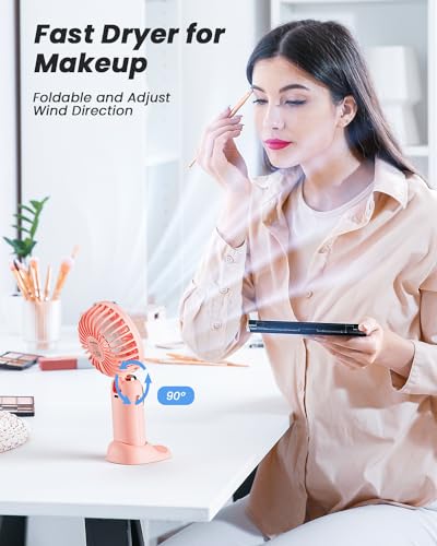 Image of Portable Handheld 4000mAh Battery Operated Fan with LED Display, 3 in 1 Personal Small Fan for Neck /Desk, 90 Foldable with Base, 5 Speed Lash Makeup Fan Pink