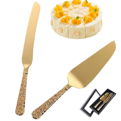 Juego de corte de pastel para boda Juego de 2 cuchillos y servidor para pastel Juego de corte de pastel dorado grabado vintage para bodas, cumpleaños y aniversarios Cortador de pastel Servidor de past