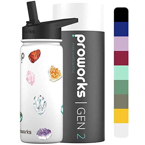 Proworks Gen 2 Botella Agua Acero Inoxidable con Pajita 1L Termica - 24 Horas de Frío 12 Horas de Calor Agua a Prueba de Fugas - Blanco puro - Cristal Sueños