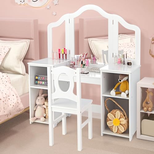 OLAKIDS Kids Vanity, 2 in 1 Wooden Girls Dressing Table and Chair Set for Toddlers with Tri-Folding Detachable Mirror Storage Drawers, Pretend Beauty Princess Makeup Desk Toy Gift (White with Chair)