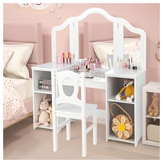 AKUSTIK Kids Vanity, 2 in 1 White Wooden Dressing Table and Chair Set for Toddlers with Tri-Folding Detachable Mirror, Storage Shelves, Pretend Princess Beauty Make Up Play Set for Little Girls
