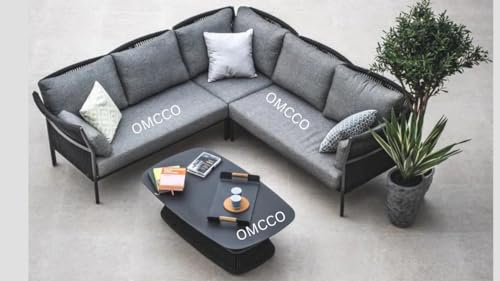 Image of OMCCOFurniture Outdoor-3 Pcs Rope L Shape Sofa Set in Grey Color Patio Sofa Set with Grey Cushions and Center Table for Garden or Balcony