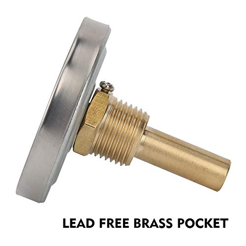 Solimeta 2.5" Bimetal Dial Thermometer, 0-250 Deg F/-20-120 Deg C, Lead-Free Brass Stem With Pocket #TOP2